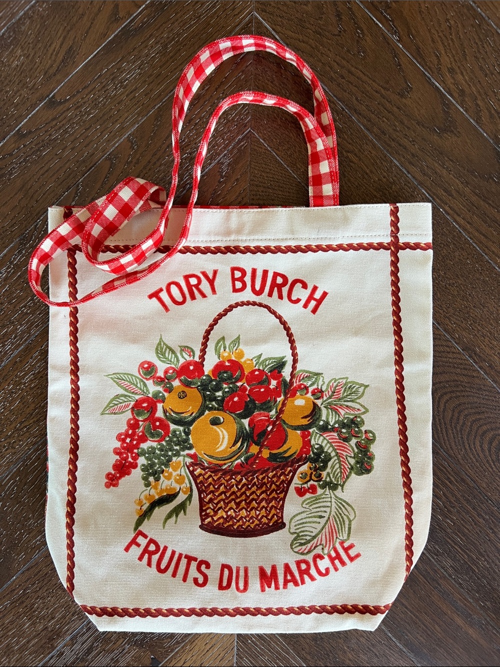 Tory Burch White Canvas Tote with Red Gingham Straps and Fruit Basket Print